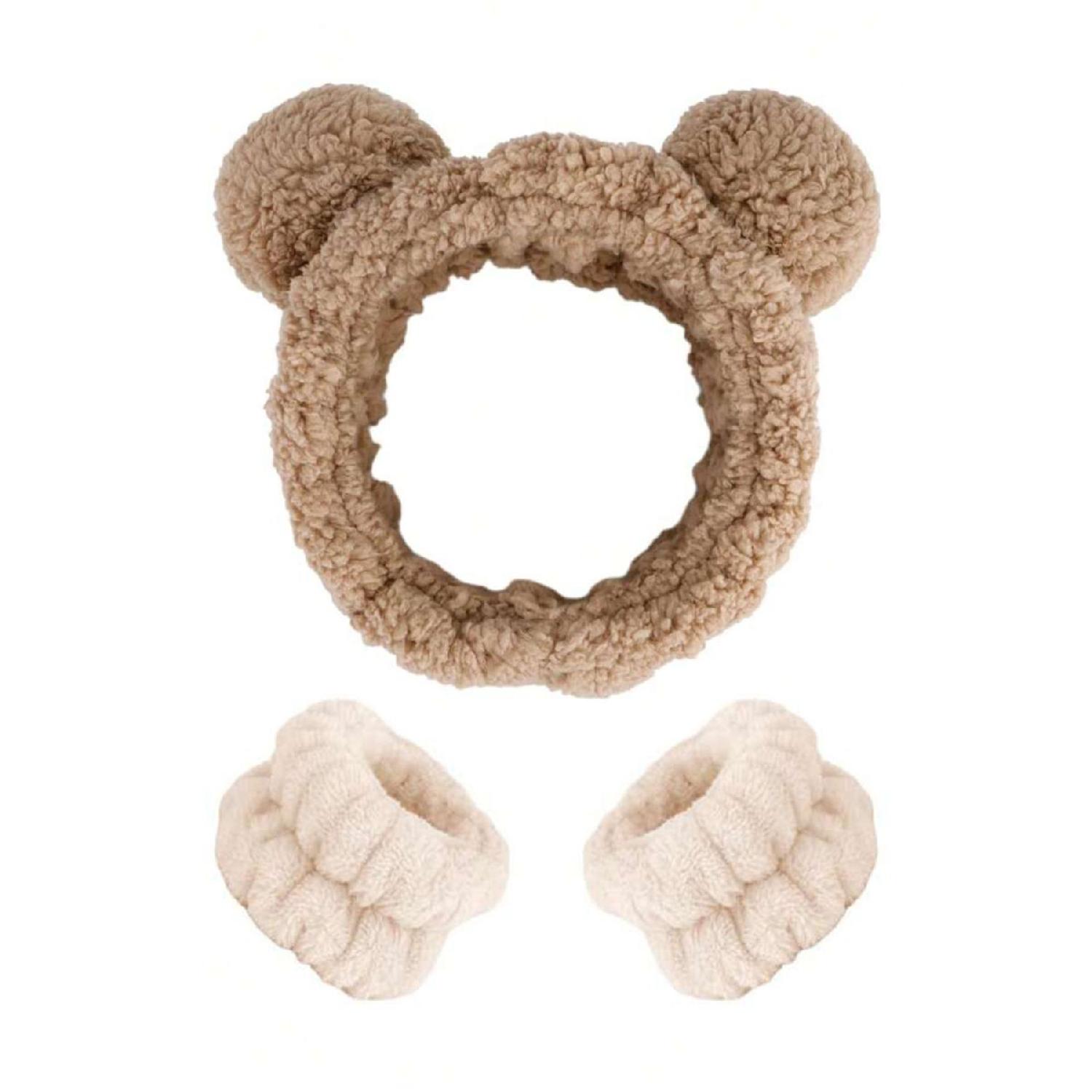 Набор плюшевых плюшевых мишек для макияжа и банных лент коричневый